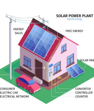 Solar Energy Isometric Infographics Illustration Solar power plant isometric infographics illustration with rural house equipped with equipment for hybrid energy vector illustration