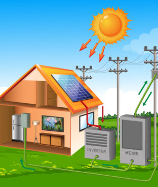 Solar cell system house with sun cartoon style on meadow and sky Solar cell system house with sun cartoon style on meadow and sky background illustration